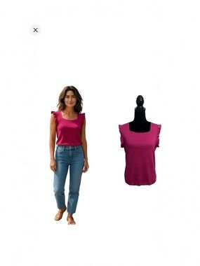 Cable & Gauge NWT magenta ruffle shortsleeve knit square neck stretch top medium